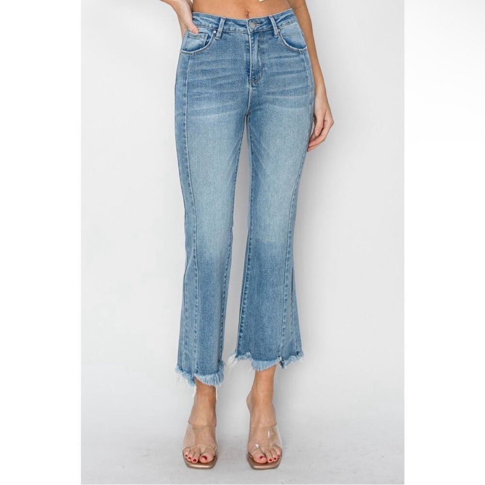 Risen Jeans Almost Positive HR Raw Hem Flare Crop Medium Wash Denim Womens 11/30
